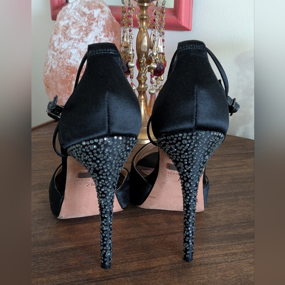 Badgley Mishka Black Satin Peep Toe Rhinestone Stiletto Heels - Picture 9 of 11